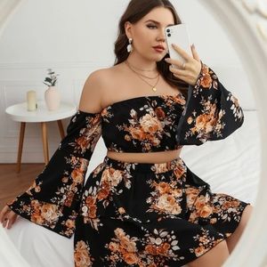 Floral Print off Shoulder Layered crop top & hem skirt